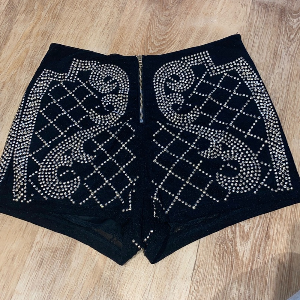 Black studded high waist zip front shorts